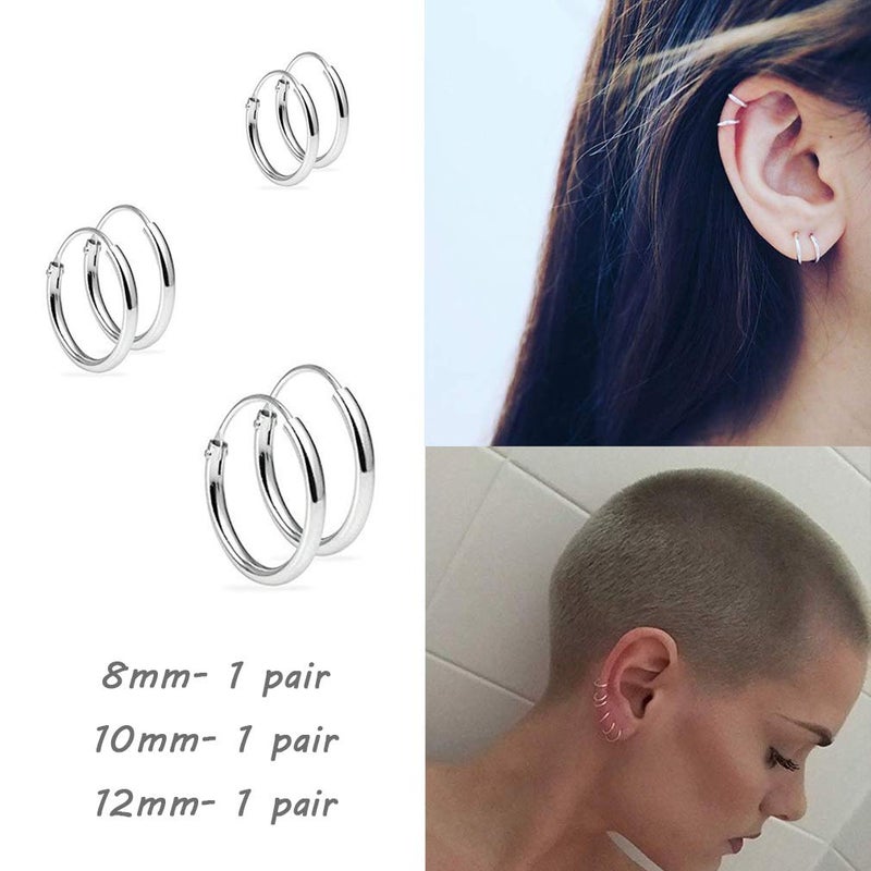 EPIRORA Silver Hoop Earrings- Cartilage Endless Small Hoop Earrings Set for Women Men, 3 Pairs of Hypoallergenic 925 Sterling Silver Tragus Earrings Nose Lip Rings (3 Pairs(8/10/12mm)) - Image 2